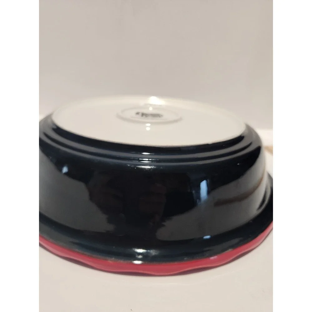 Cracker Barrel Fancy Brand Apple Ceramic Pie Dish Red Ruffled Rim Black 10.5 in